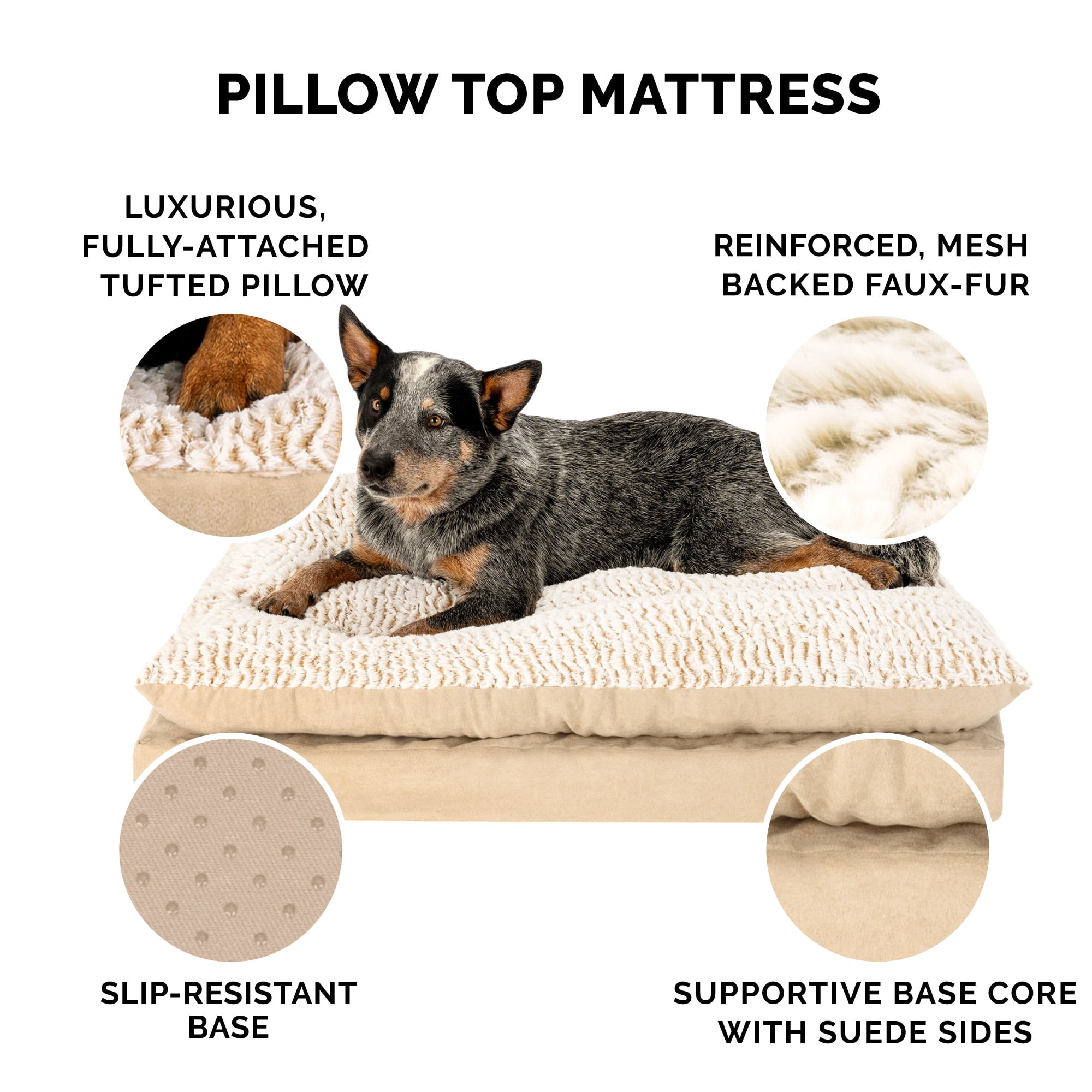FurHaven Pet Products Embossed Faux Fur & Suede Orthopedic Pillow Top Mattress Pet Bed for Dogs & Cats - Taupe, Large