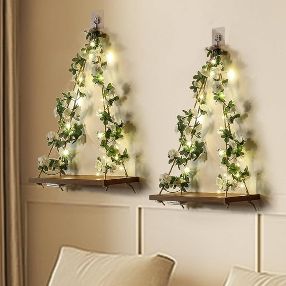 Wall Hanging Shelves with Light Strip,Plant Floating Shelf Set of 2 Wooden Shelves,No Drill Wall Shelf,Artificial Hanging Garland Decorations for Home,Room Aesthetic,Gift