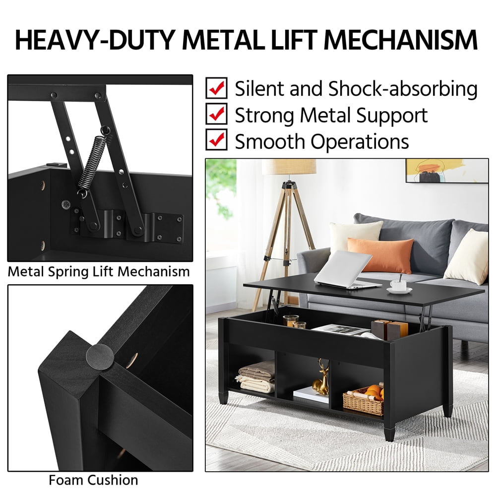 Alden Design 47.5 inch Wooden Lift Top Coffee Table with 3 Storage Compartments, Black
