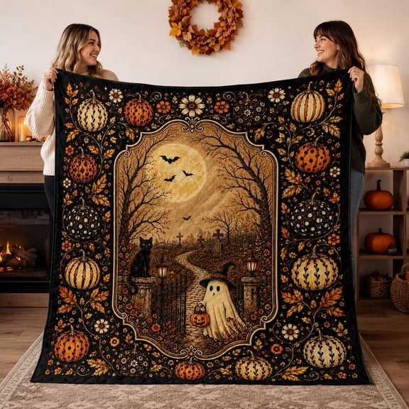 Gothic Ghost Pumpkin and Black Cat Halloween 3D Print Fleece Throw Blanket, 280 GSM Polyester for Sofa, Bed and Living Room Decor