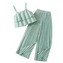 Cute Summer Outfits Sleeveless Ruffle Halter Tops and Baggy Wide-Leg Pants 2 Piece Girls Sets Size 9-10 Years Girls Clothes Girl Fashion