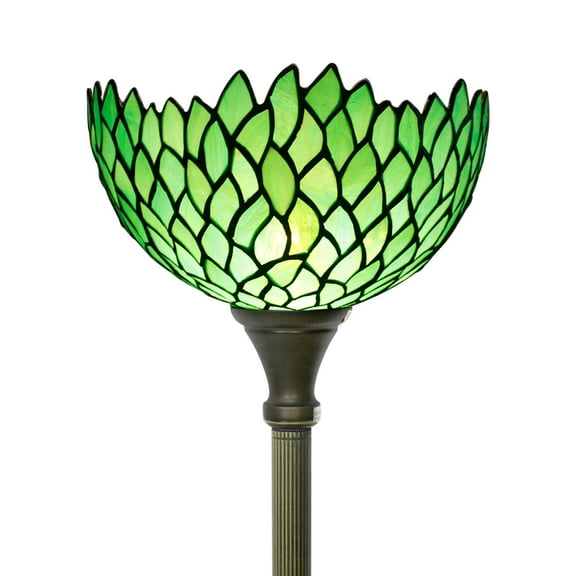 Tiffany Floor Lamp Torchiere Uplight 66" Tall Industrial Bronze Pole Vintage Boho Green Stained Glass Wisteria Retro Standing Corner Bright Torch Light Living Room Kids Bedroom Farmhouse WERFACTORY