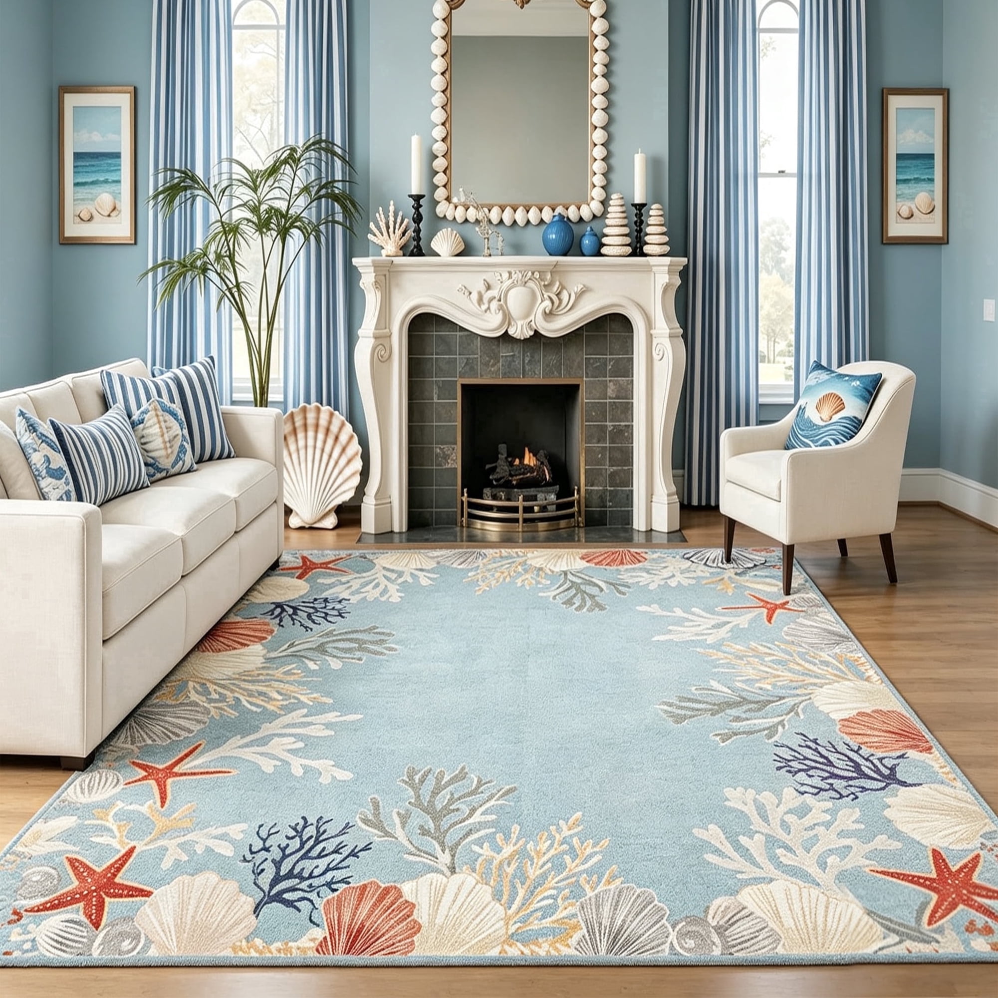 Kzaei Coastal Blue Ocean Coral Reef Area Rug, 8'x10' Washable Nautical Rug with Seashell & Starfish Border, Non-Slip Stain Resistant Beachy Rug for Living Room Bedroom Bathroom Nursery