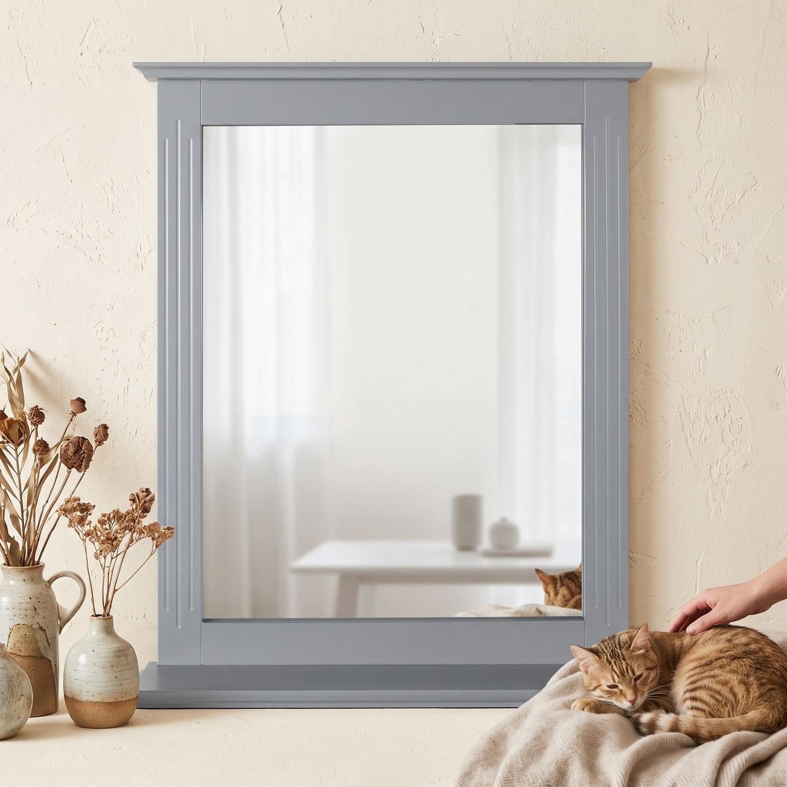 ALPULON Wall-Mounted Multipurpose Vanity Mirror with Shelf, MDF Framed Bathroom Wall Mirror with Storage Shelf for Entryway Bedroom Living Room Hotel, 22.5 x 27, Gray
