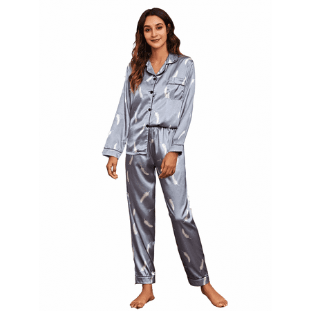 

Xerarch Home Clothes Suit Pajamas Women s Silk Satin Pajama Set Long Sleeve Classic Luxury Sleepwear Home Clothes Loungewear gray S