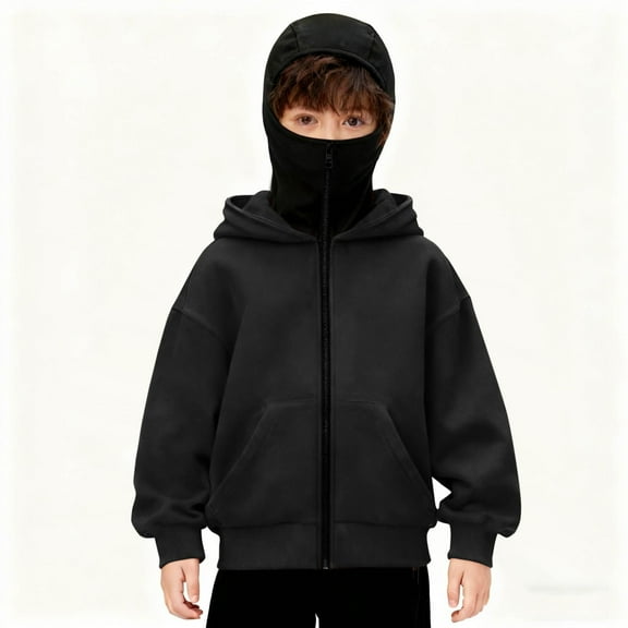 Balaclava Hoodie for Boys Girls Kids Windproof Zip up Ski Mask Tops Oversized Full Zipper Hooded Sweatshirt Jacket New Children's Hoodie Black 14-15 Years