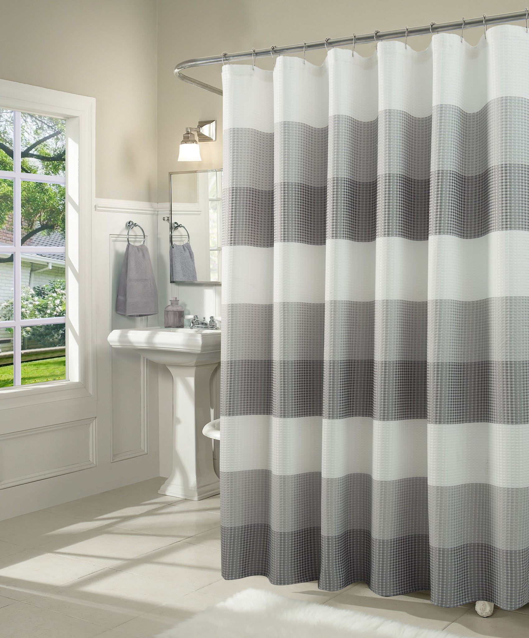 Luxury Taupe & White Striped Waffle Weave Fabric Shower Curtain 72" x 72" 