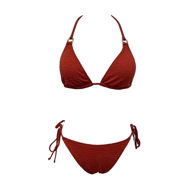 Traje de Baño Ocean Pacific para Mujer Bikini con Textura y Argolla en Pecho, Amarre ajustable en Cintura Rojo Talla EG 2 Piezas