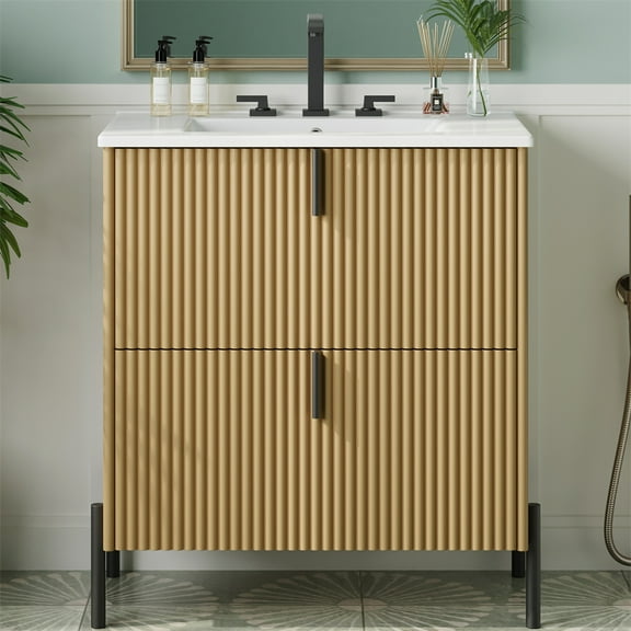 WGYPRIME 30" Bathroom Vanity with Ceramic Sink,  Freestanding Bathroom Vanity with Vertical Pulls and Full-Extension Drawers, Fluted Design Single Bathroom Cabinet Natural