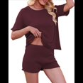 thumbnail image 3 of Conjuntos de Dos Piezas de Punto para Mujer, Blusa y Pantalones Cortos de Corta con Bordes Rematados, Ropa de Estar por Casa y para Viajar. Vino Tinto M, 3 of 9
