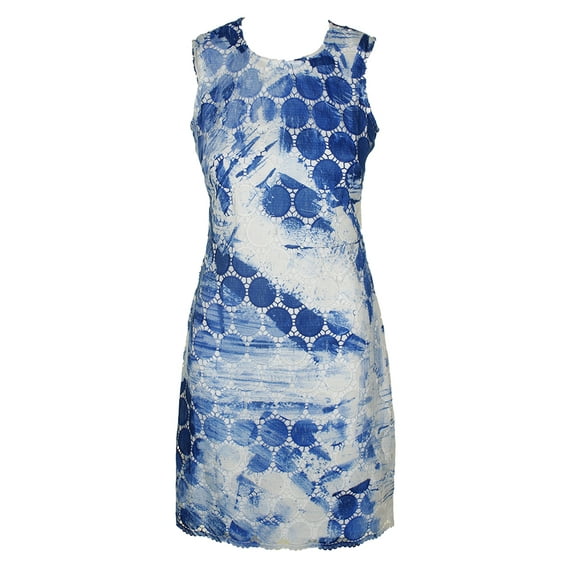 Dkny Blue White Sleeveless Painted Circle-Lace Sheath Dress 8