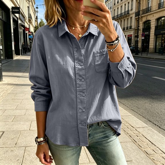 ClodeEU Women's Collared Button Down Long Sleeve Shirt,Casual Office Blouse Dark Gray,Women's Plus L