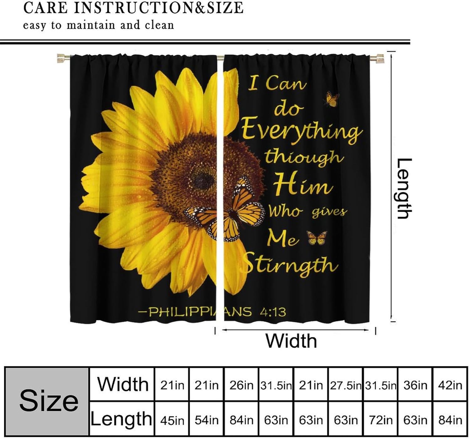 Sunflower Blackout Curtains for Kitchen,Black Pithy Rustic Sunshine Beautiful Wonderful Sunflower Plant Flower Butterfly Window Drapes Print for Kids Girls Bedroom Living Room Bathroom 42x54in