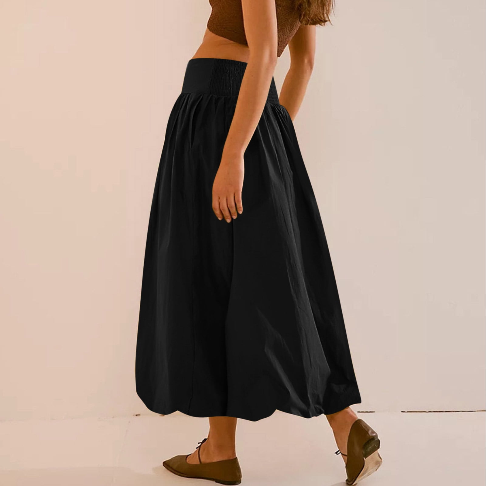 Women Bubble Maxi Skirt Summer Elastic High Waist a Line Long Skirt Casual Ruffle Pleated Midi Half Dress with Pockets Black XL