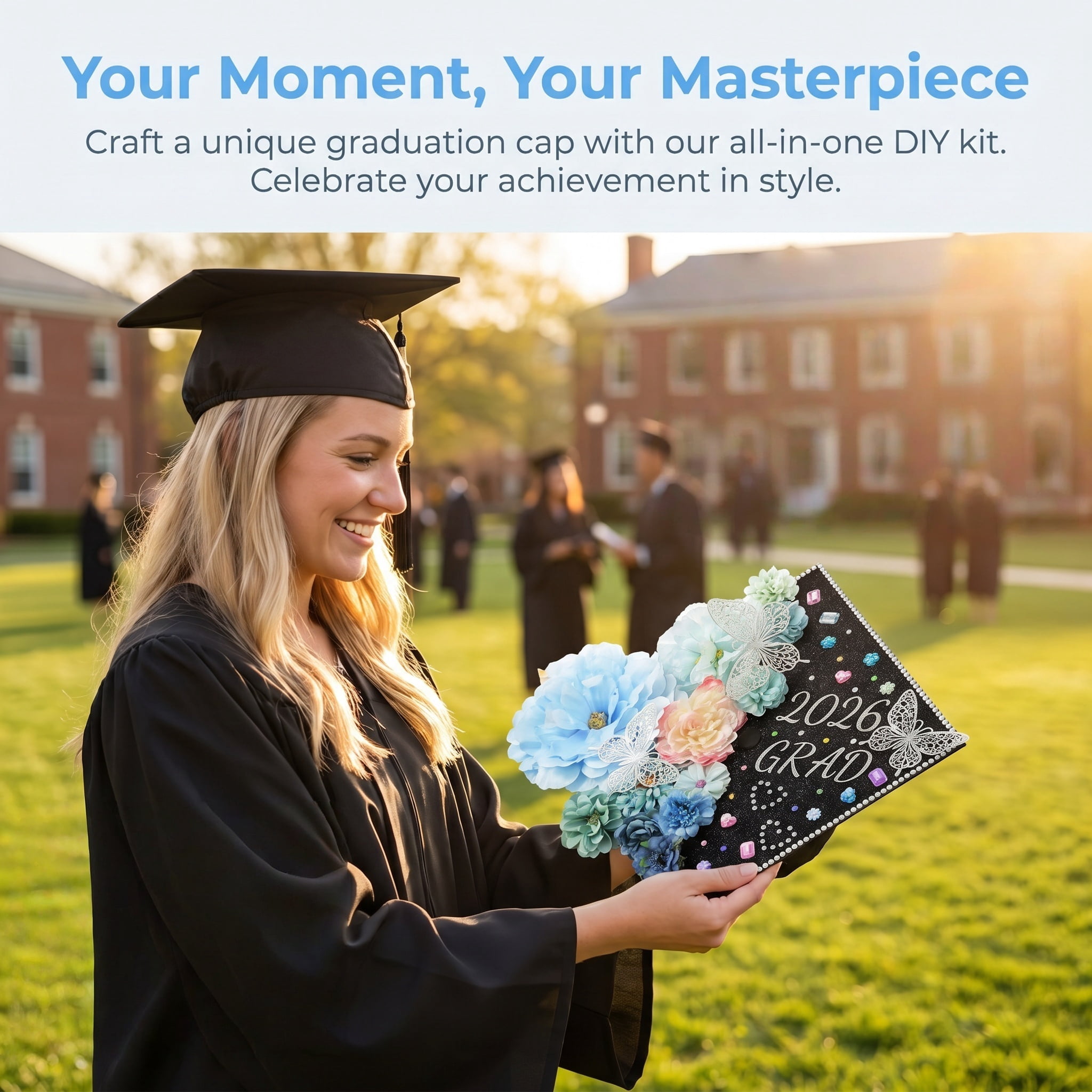 2026 Graduation Cap Decorations Kit, 56 Pcs DIY Grad Cap Topper Set with Artificial Flowers, Bow, 3D Butterflies, Glitter Letters, Rhinestones for High School College Graduation