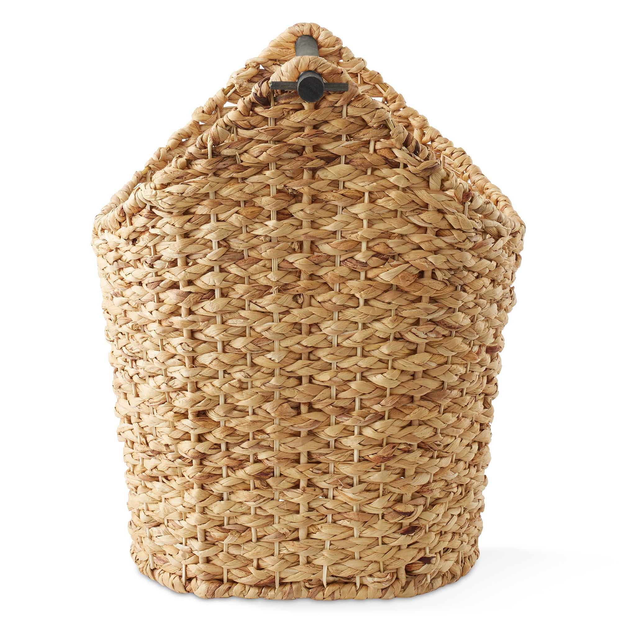 Casafield Toilet Paper Roll Holder Storage Basket with Wood Bar - Natural, Woven Water Hyacinth Wicker Bathroom Tissue Storage Organizer