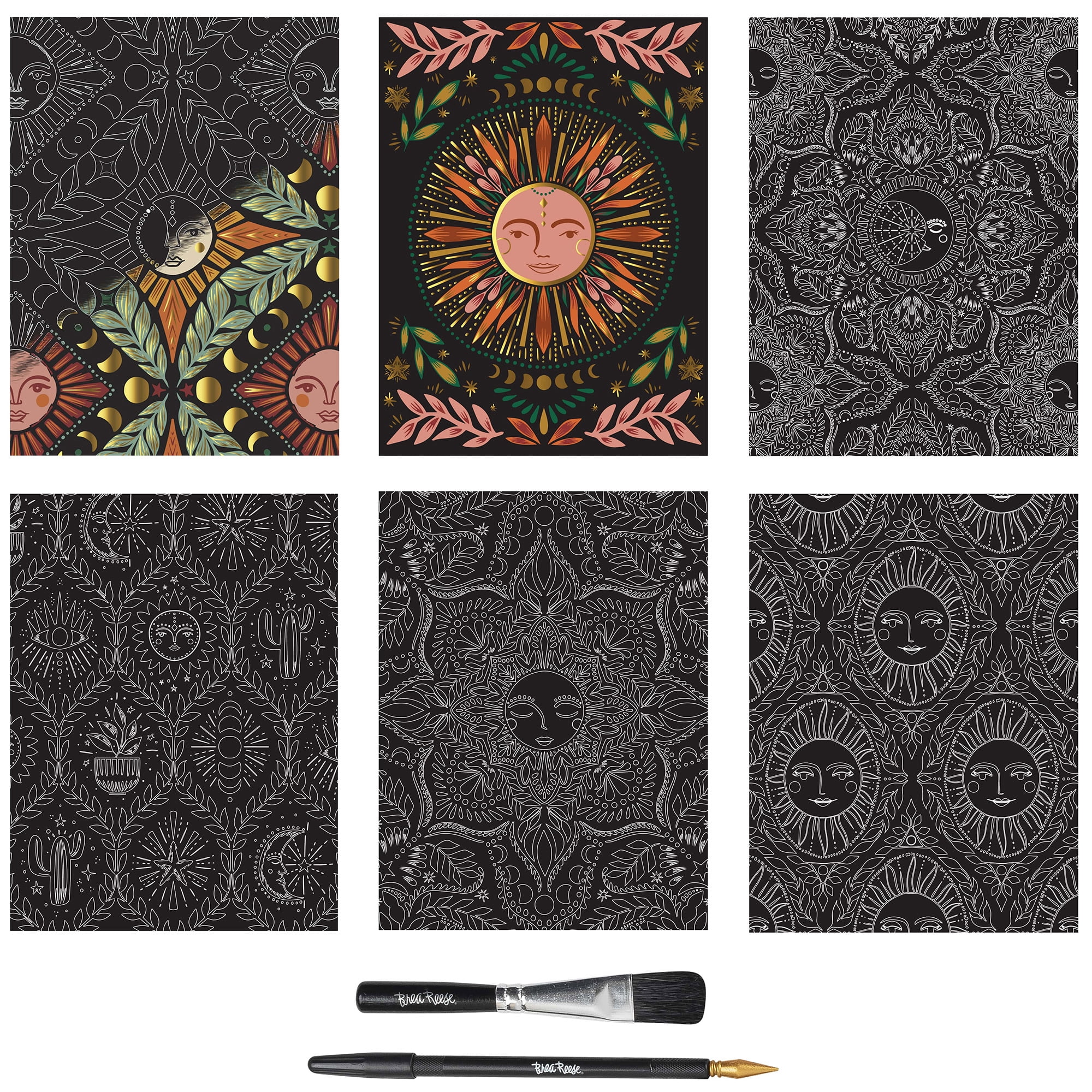 Brea Reese: Scratch Art Paper Pad - Moon & Sun - 6 Designs, Guided Art, Metallic Accents, Stylus & Brush, Perforated 9x12" Pages, DIY Adult Craft Kit
