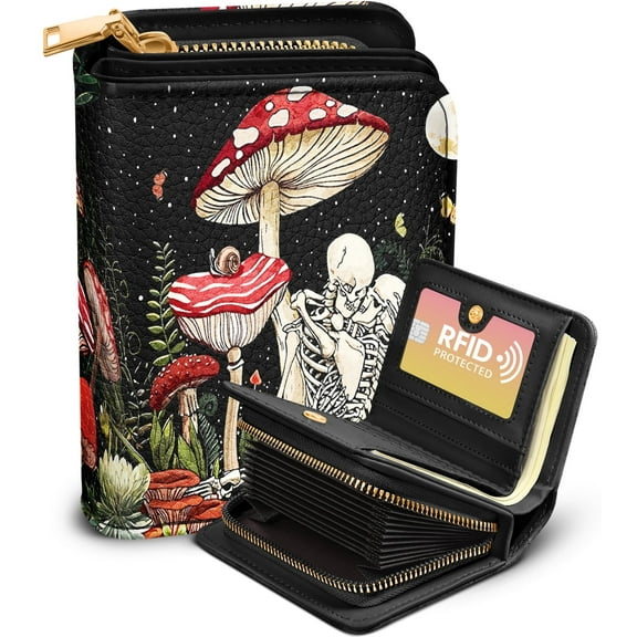 Gemfits Credit Card Holder Wallet for Women Leather Accordion Purse RFID Blocking Zipper Around, Mushroom_Skull