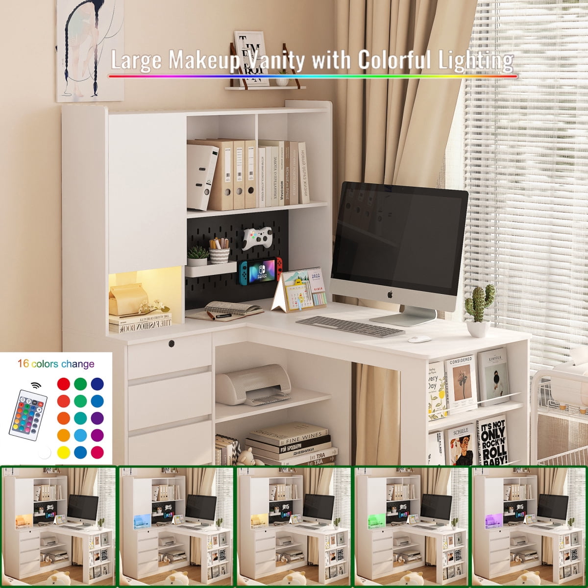 GZXS L-Shaped Computer Desk with Charging Station, LED Light, Pegboard, 4 Drawers & Open Shelves - 56" Modern Corner Desk for Home Office, Study, Work, White