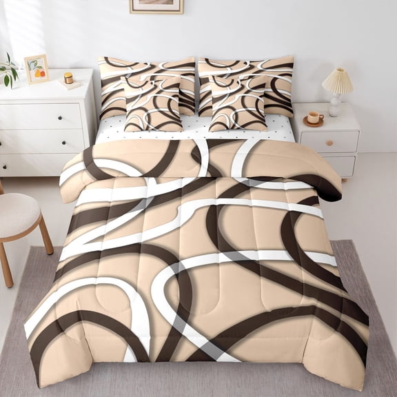 Homewish Abstract Stripes 7-Piece Twin Bedding Sets For Teens Boys Girls,Geometric Lines Bedding Comforter Set,Vintage Aesthetic Breathable Sheet Sets,Ultra Soft Home Decor,Reversible