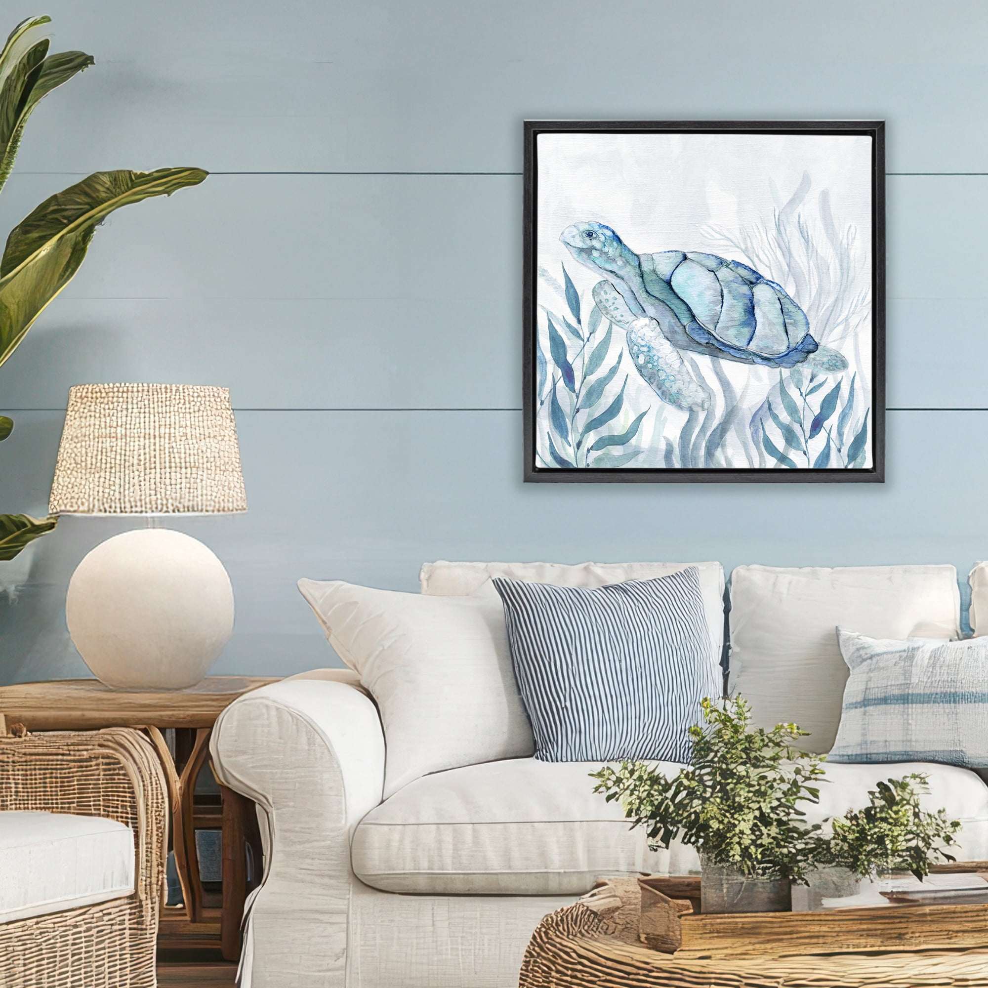 Stupell Industries Sea Turtle with Subtle Smile Black Framed Floater Canvas Wall Art, design by Janet Tava