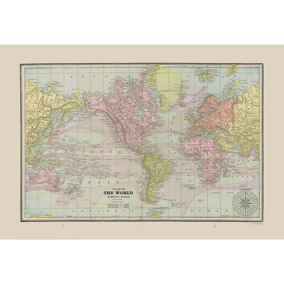 Historic Map - World Chart - Cram 1892 - Vintage Wall Art