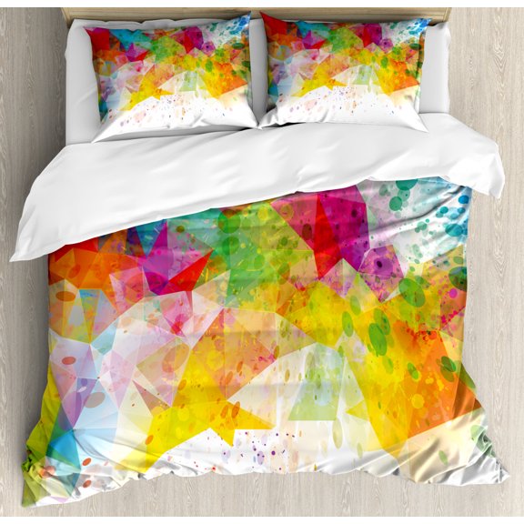 Colorful Duvet Cover Set Queen Size, Abstract Art Designed Color Splash Illustration on Plain Background, Decorative 3 Piece Bedding Set with 2 Pillow Shams, White and Multicolor, by Ambesonne