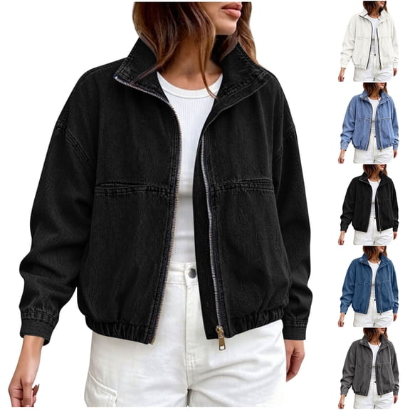 Sevevn Women's Zip Up Cropped Denim Jacket Stand Collar Elastic Hem Oversized Washed Jean Bomber Jacket with Pockets Black XL