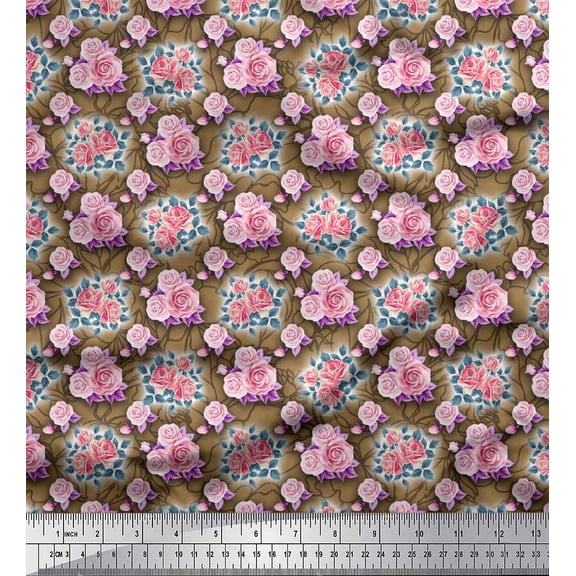 Soimoi Cotton Duck Fabric Leaves & Rose Floral Print Fabric by Yard 42 Inch Wide
