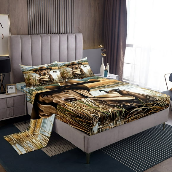 YST Dog Hunter Bed Sheets Queen For Kids Boys Girls,Animal Mallard Duck Bedding Set Duck Hunting Sheet Set Farmhouse Country 1 Fitted Sheet 1 Flat Sheet 2 Pillow Cases