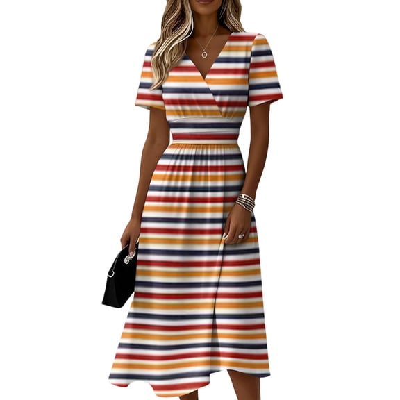 Easter Dresses for Women Short Sleeve Wrap V-Neck High Waist Sundress Casual Summer Beach Vacation Dress