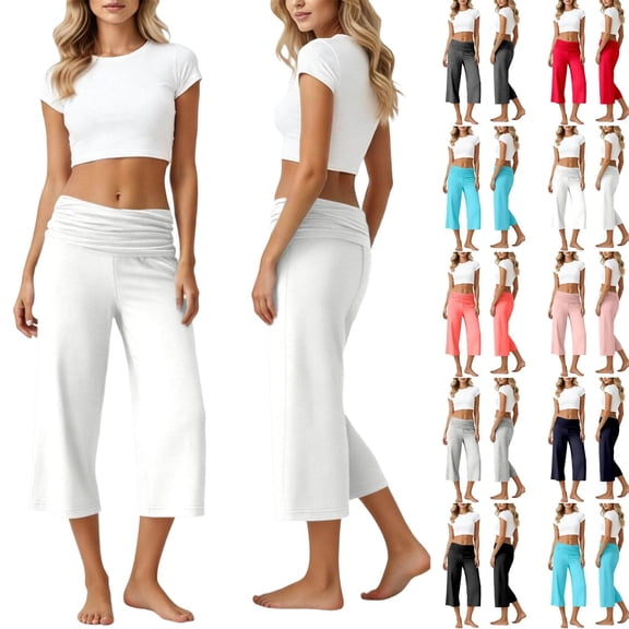 Fold over Gaucho Pants for Women Wide Leg Coral Capri Pants Elastic Low Waisted Yoga Leggings Stretchy Summer Casual Culottes White M