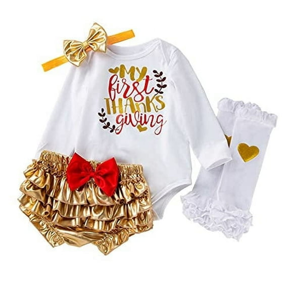 StylesILove Infant Baby Girls My First Thanksgiving Long Sleeve Bodysuit, Ruffle Bloomers, Leg Warmers and Headband 5pcs Autumn Holiday Outfit (3 Months)