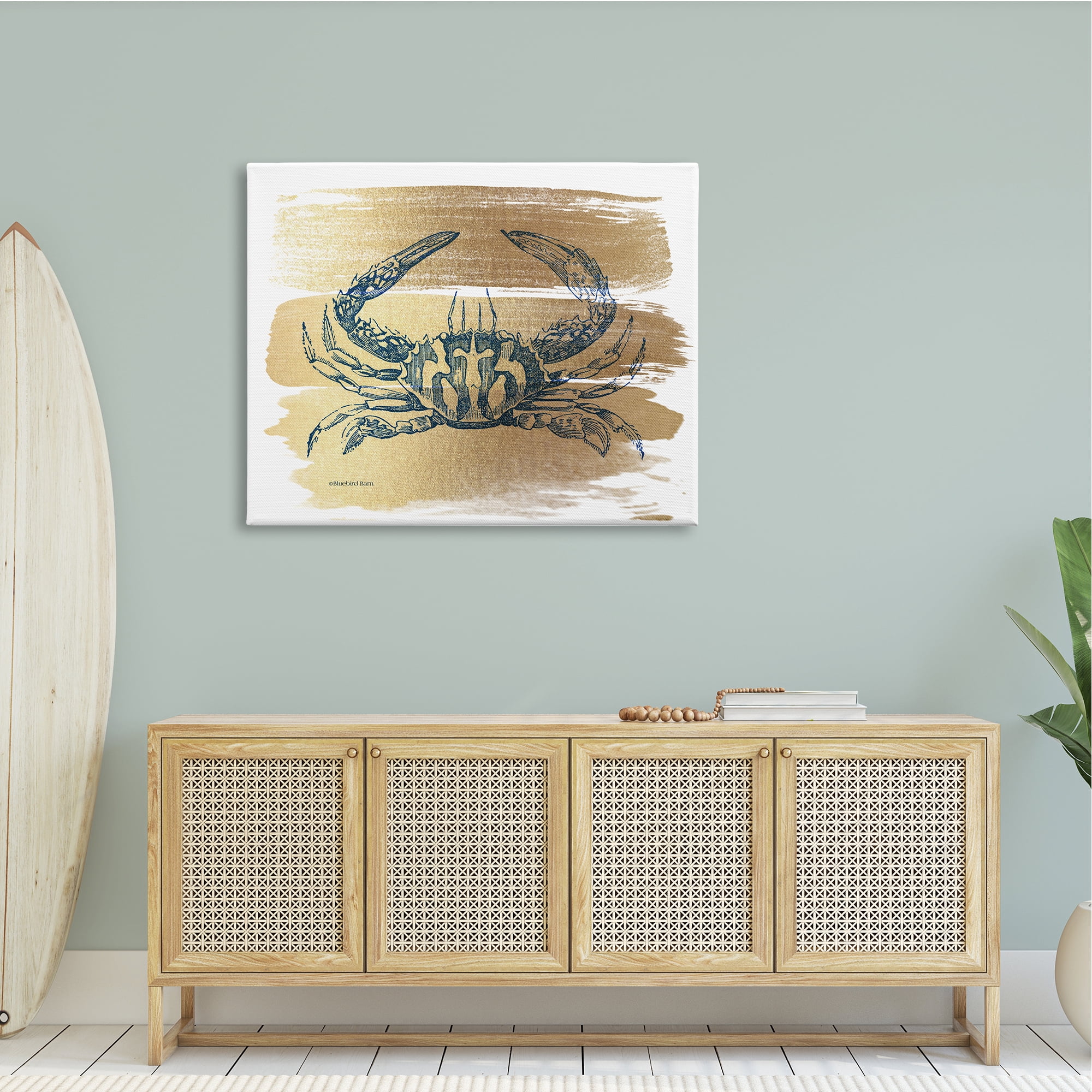 Stupell Industries Cobalt Blue Crab Golden Pattern Brush Sea Creature,48 x 36, Design by Bluebird Barn