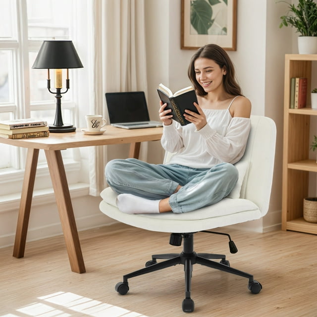 IPKIG Armless Criss Cross Chair, Adjustable Swivel Home Office Desk Chair with Lumbar Support Pillow Computer Chair Vanity Chair for Makeup Room, Living Room, Chenille White