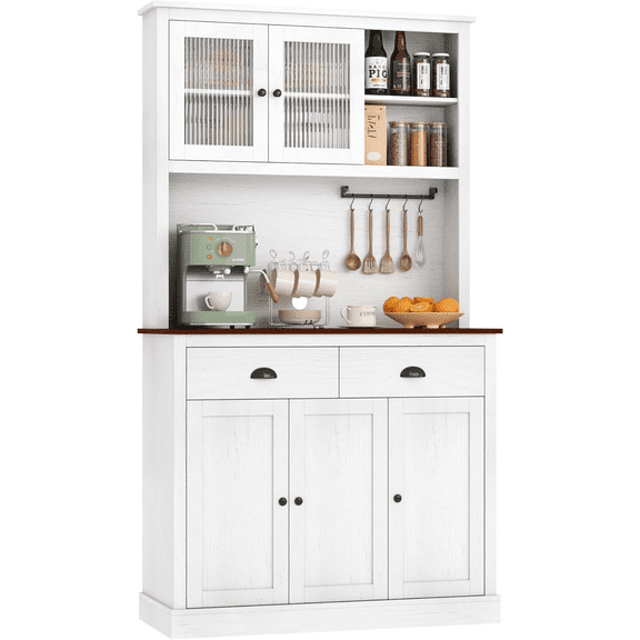 71"Farmhouse Kitchen Pantry Storage Cabinet,Freestanding Hutch with Microwave Shelf,Modern Pantry with 2 Drawers for Dining Room