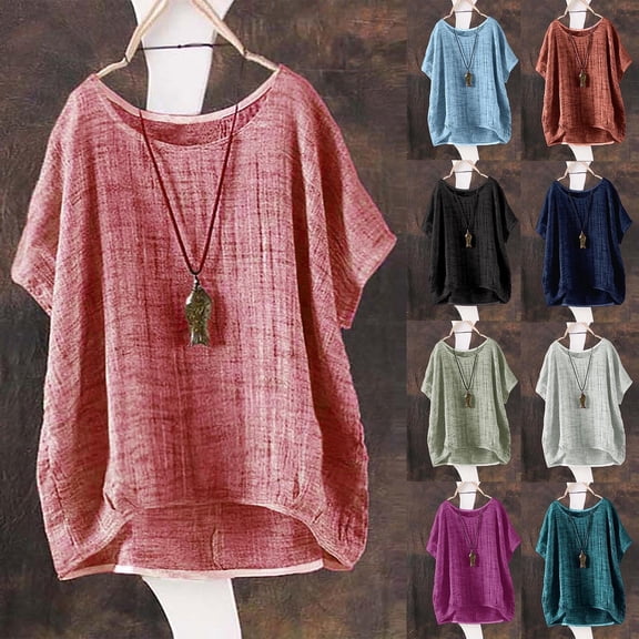 Cotton Linen Shirts for Women Summer 2026 Trendy Crewneck Short Sleeve Cute Tops Casual Loose Fit Comfy Blouses by Yigetop Army Green L