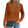 thumbnail image 3 of Jinhomg Womens Fall Tops Lace Splicings Crew Neck Shirt Waffles Knit Dressy Casual Blouses Long Sleeve Solid Pullover Orange,XL, 3 of 7