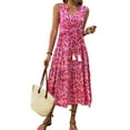 thumbnail image 2 of Women'S Maxi Dress Summer Sleeveless Bohemian Floral V Neck Tie Front Fringe Flowy Long Dress Vacation Beach Sundress Rose Red L, 2 of 8