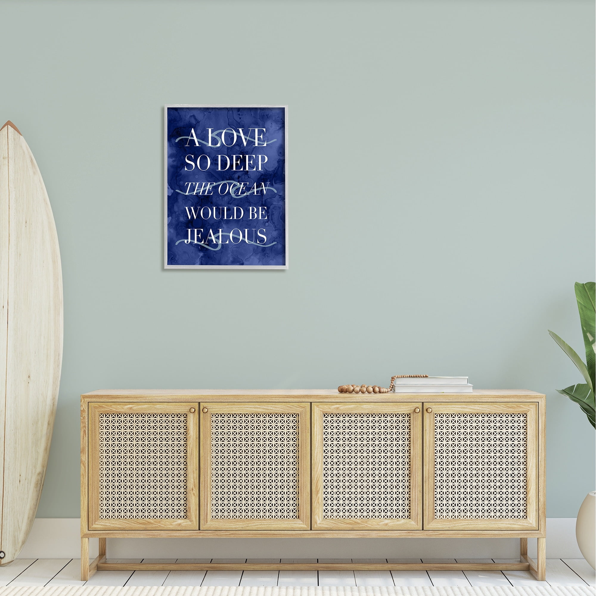 Stupell Industries Romanic Ocean Love Serif Text Watery Background Graphic Art Gray Framed Art Print Wall Art, Design by Daphne Polselli