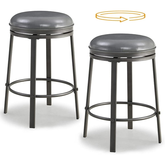 OUllUO Bar Stools Set of 2, Swivel Bar Stools, Counter Height Stools, Stools for Kitchen Counter, 25 Inch Metal Counter Stools, Grey PU Leather Stools, Industrial Kitchen Stools for Island