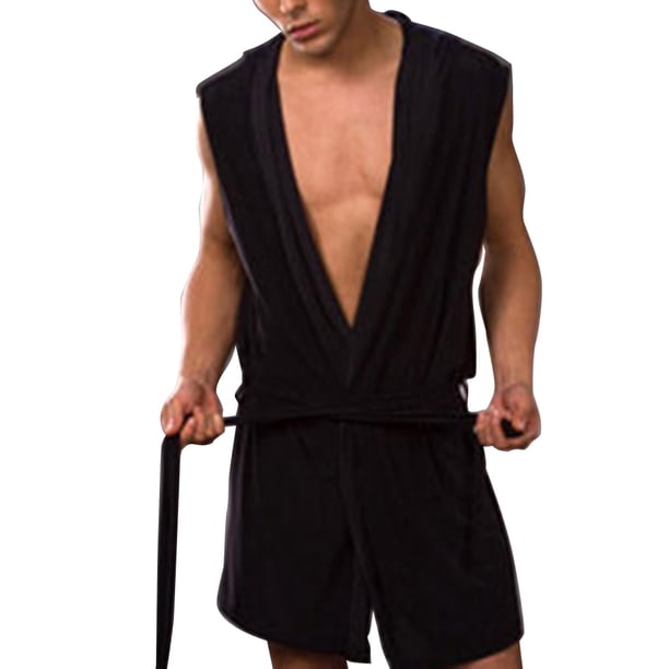Albornoz sedoso para hombre Minnieouse pijama con capucha ropa de dormir sin mangas Negro S