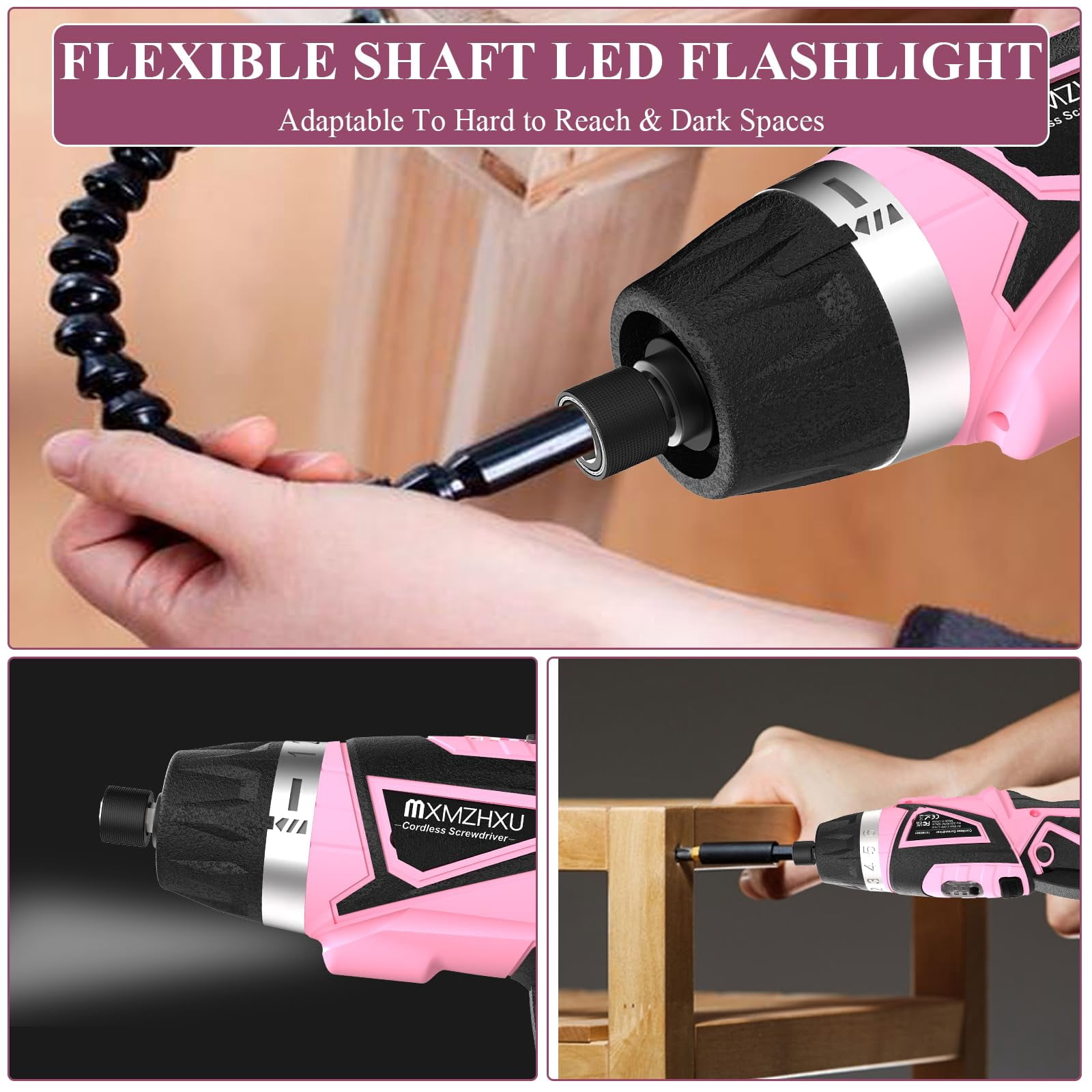 Cordless Screwdriver, 47 in 1 Rechargeable Electric Screwdriver with LED Light, 8V Rechargeable Screw Gun, 5.5 N.m Drill Drivers Ideal for Furniture Assembly, Home DIY Projects (Pink)