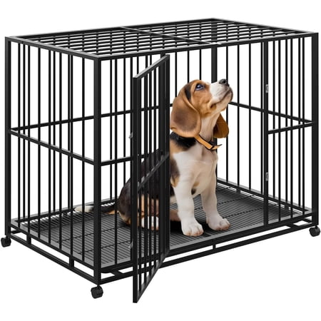 Acekid 36 Inch Stainless Steel Dog Crate Indoor/Outdoor Cage for Large&XL Breeds Indestructible Escape-Proof Kennel with Locking Wheels Collapsible Chew-Resistant with Easy-Clean Removable Tray Black