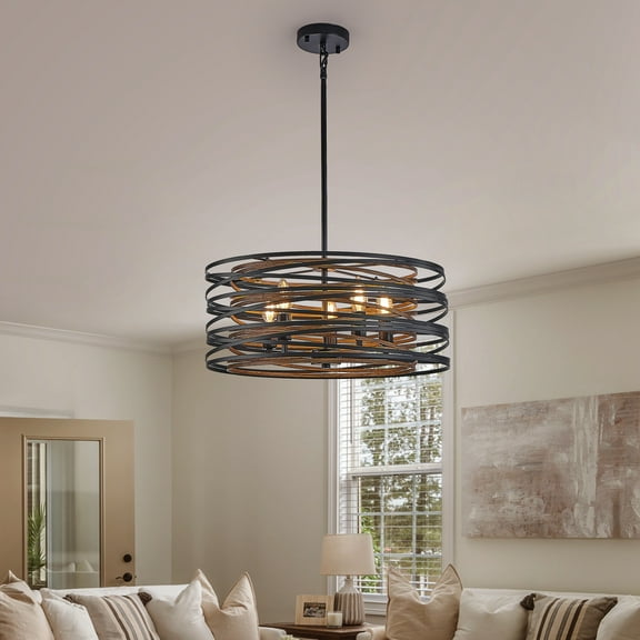 19.7''Farmhouse Chandeliers Rustic Drum Pendant Light for Dining Room,5-Light Industrial Metal Hanging Light Fixture, Retro Wood Texture Interior E12