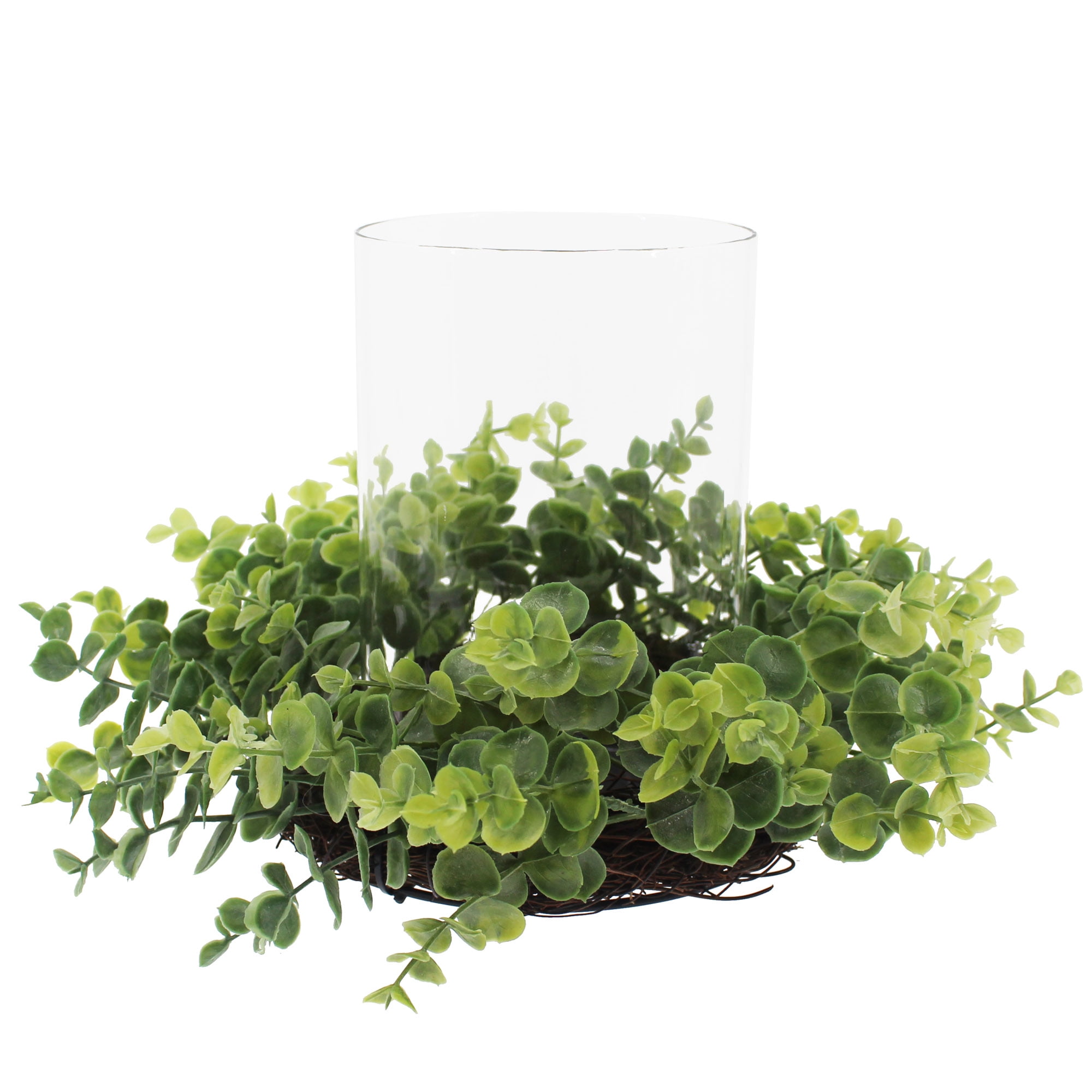 Mainstays Decorative Hurricane Pillar Candleholder with Faux Eucalyptus, 8 in H
