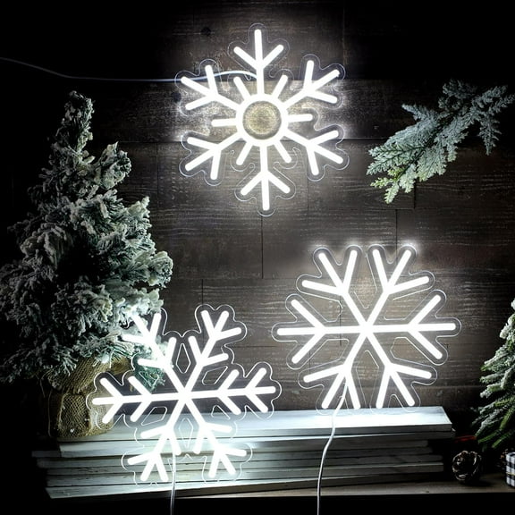 3 Pcs White Christmas Snowflake Neon Sign Snowflake LED Light Wall Window Decor Decoration Winter Party Home Office Art Bar Club