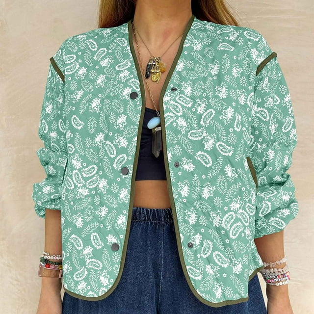 LOVZFMLL Jackets for Women's Cropped Puffer Quilted Jacket Vintage Floral Print Open Front Lightweight Short Jacket Outwear