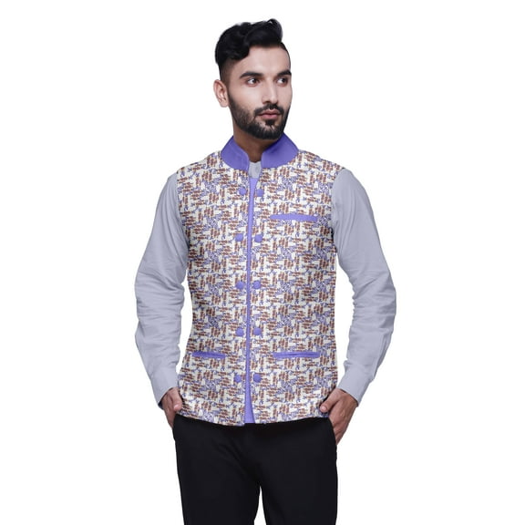 Atasi Mens Casual Jackets Lightweight Partywear Indian Waistcoat Printed Nehru Jacket-Large