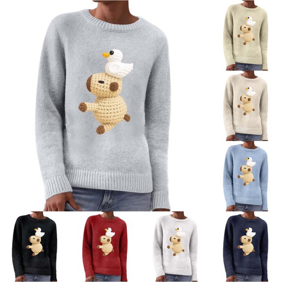 Jane Wardrobe Sweaters For Women, Fall Sweaters For Women, Cute Capybara And Duck Cartoon Print Oversized Pullover Sweater, Crew Neck Long Sleeve Knit Top, Multi‑Tone S‑XXL, Plus Size Friendly